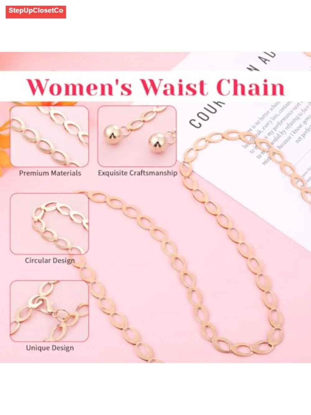 Adjustable Gold Waist Chain Belt for Women, Fashion Metal Dress Belts, Long